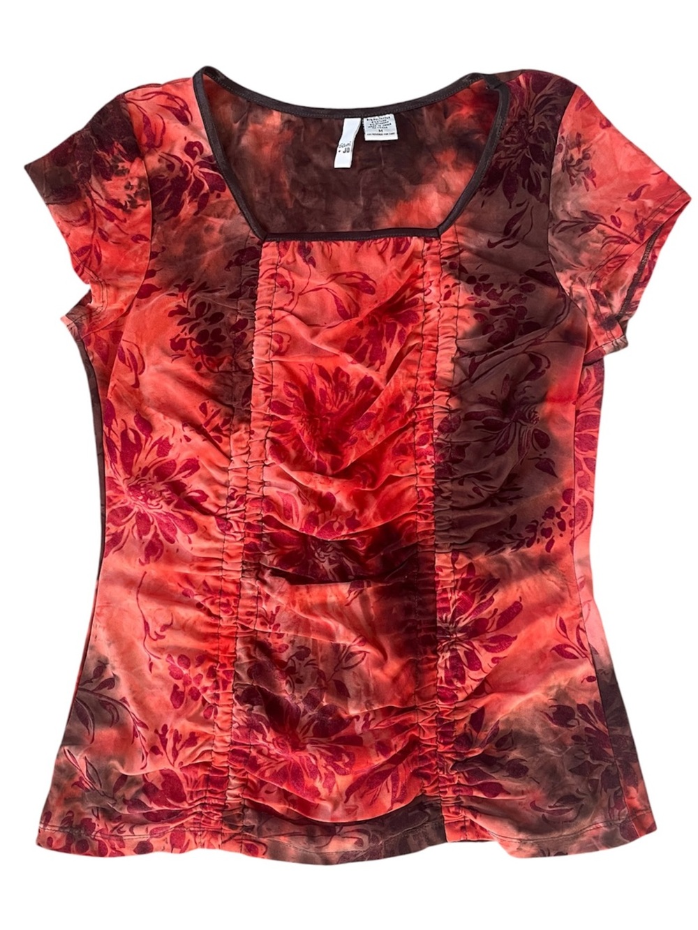 Y2K Velvet Burnout Floral Ruched Top 90s Grunge Burnt Orange Whimsigoth